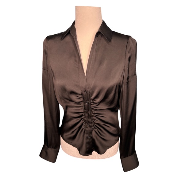 Dr2 by Daniel Rainn Ruched Satin Button-Up Long Sleeve Black Blouse Size XS - Picture 4 of 8